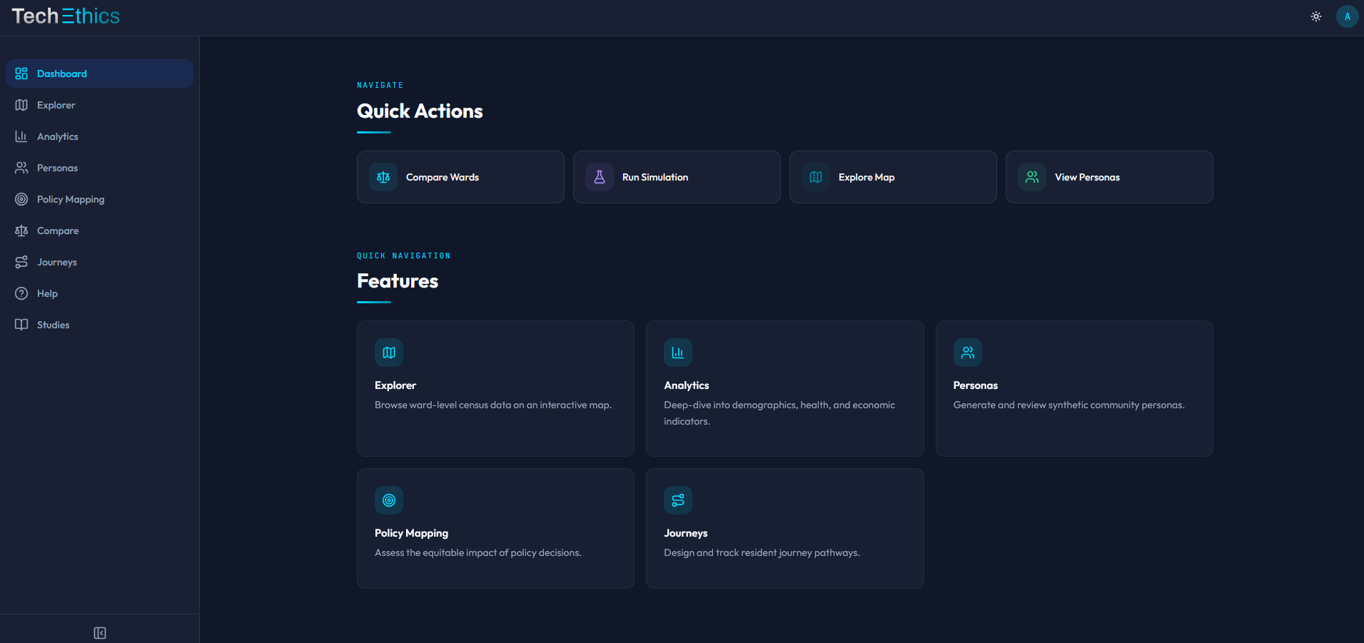Quick Actions and Features hub with access to all platform capabilities