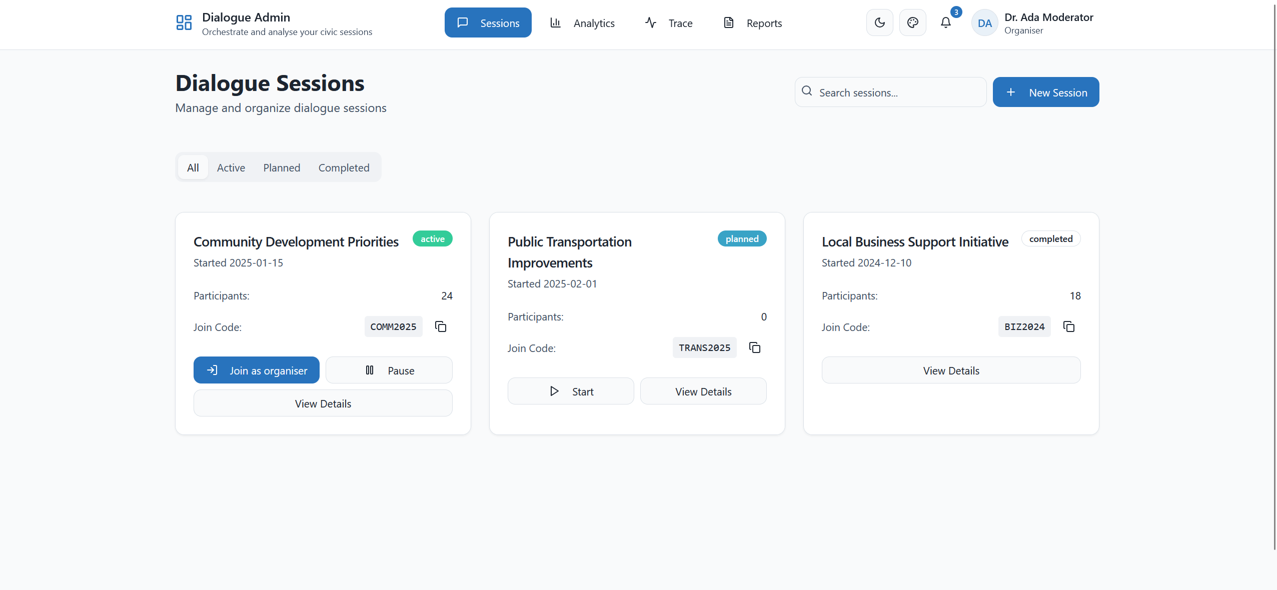 Session Management view for organising dialogue sessions with status tracking and join codes